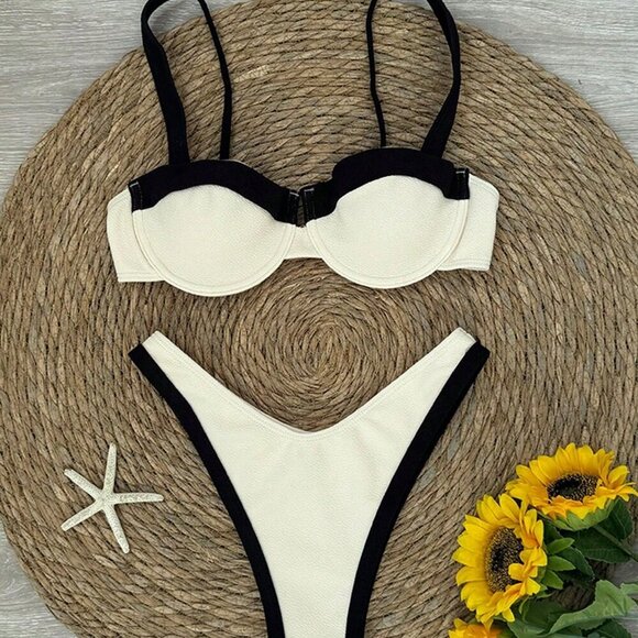 White Sexy Women's Color Blocking Bikini Swimsuit - Picture 2 of 5